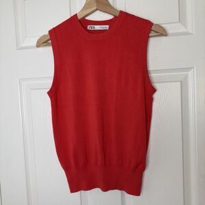 ZARA Orange Knit Sweater Vest Sleeveless Crewneck Stretch Minimalist